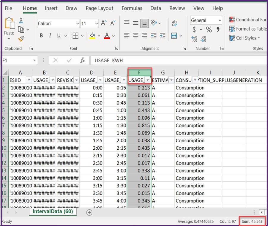 Consumption and surplus spreadsheet